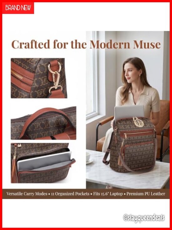 Convertible Faux Leather Laptop Backpack Purse with Wristlet, Adjustable main image 5